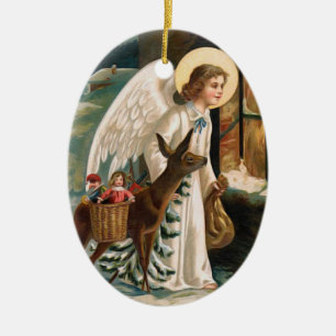 Angel Looking into Window with Deer Christmas Ceramic Tree Decoration