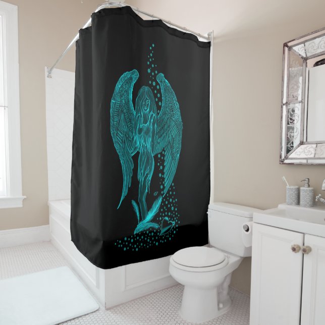 Angel lost in Love , black and green Design Shower Curtain (In Situ)
