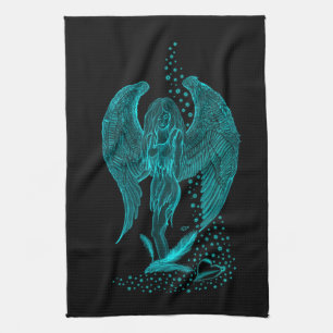 Angel lost in Love , black and green Design Tea Towel