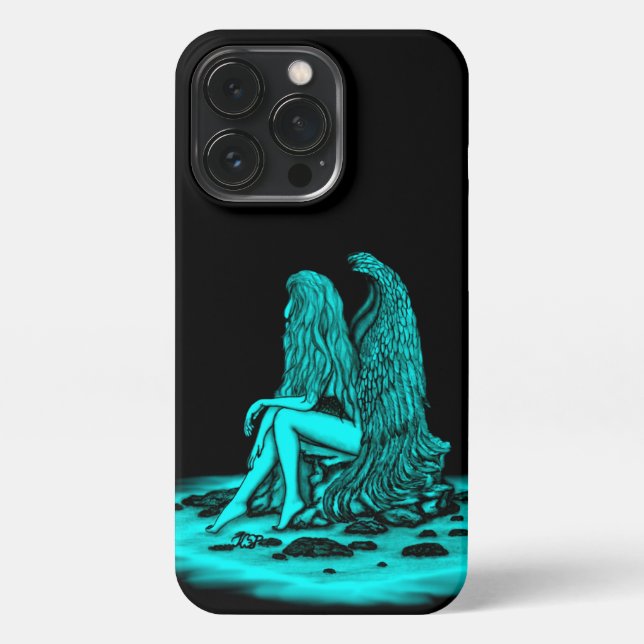 Angel , lost in thought , black and green Design iPhone Case (Back)