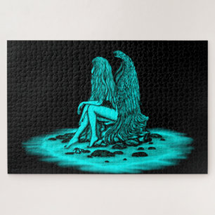 Angel , lost in thought , black and green Design Jigsaw Puzzle