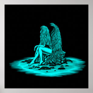 Angel , lost in thought , black and green Design Poster