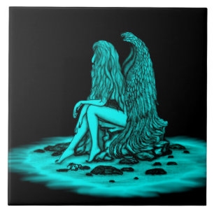 Angel , lost in thought , black and green Design Tile