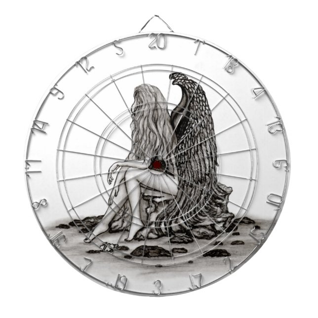 Angel , lost in thought , black and white Design Dartboard (Front)