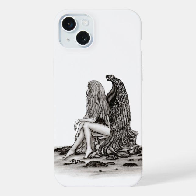 Angel , lost in thought , black and white Design iPhone Case (Back)
