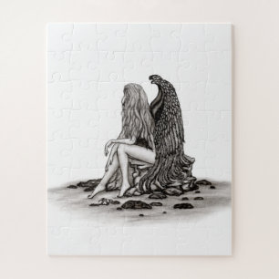 Angel , lost in thought , black and white Design Jigsaw Puzzle