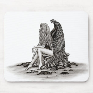 Angel , lost in thought , black and white Design Mouse Mat