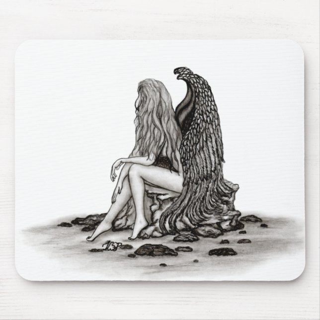 Angel , lost in thought , black and white Design Mouse Mat (Front)