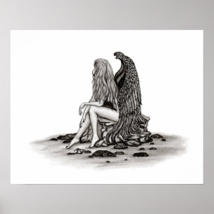 Angel , lost in thought , black and white Design Poster