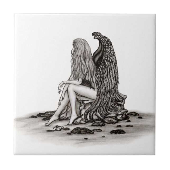 Angel , lost in thought , black and white Design Tile (Front)