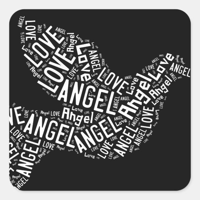 Angel Love Dove, White on Black Square Sticker (Front)