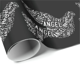 Angel Love Dove, White on Black Wrapping Paper