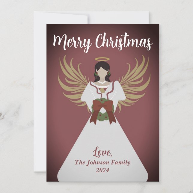 Angel Merry Christmas Wreath Wings Burgundy Name Holiday Card (Front)