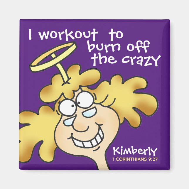 Angel Midge's Funny Cartoon Fitness Workout Purple Magnet (Front)
