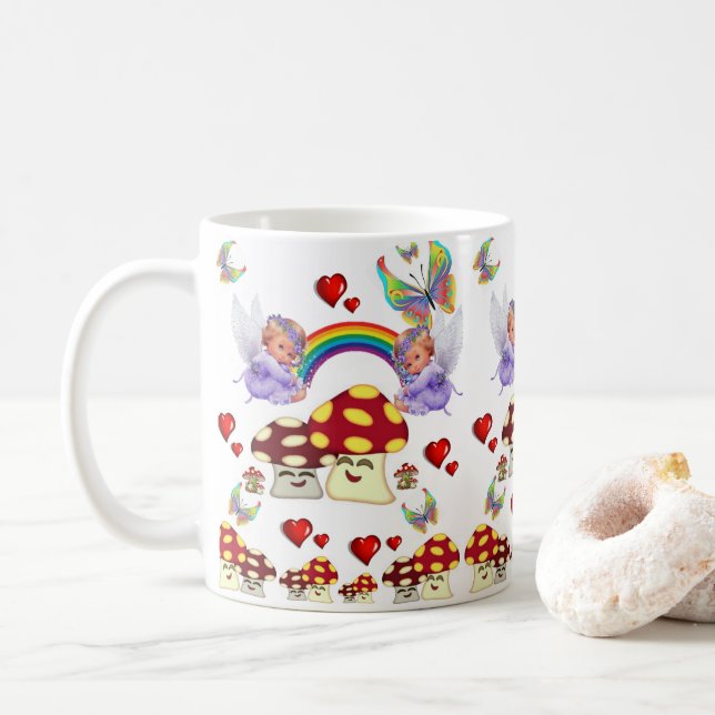 Angel Mushroom Butterfly Hearts  Mug (With Donut)
