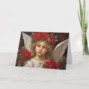 Angel of Christmas with Red Poinsettia Wreath  Holiday Card