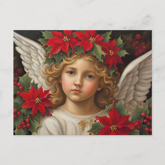 Angel of Christmas with Red Poinsettia Wreath  Holiday Postcard (Front)