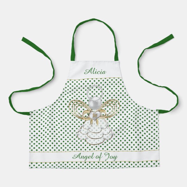 Angel of Joy Gold Filigree Christmas Green Dots Apron (Front)
