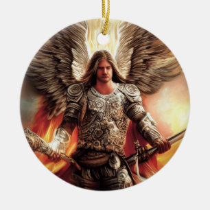 Angel Of Protection In Armour Watercolor Orange Ceramic Tree Decoration