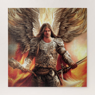 Angel Of Protection In Armour Watercolor Orange Jigsaw Puzzle