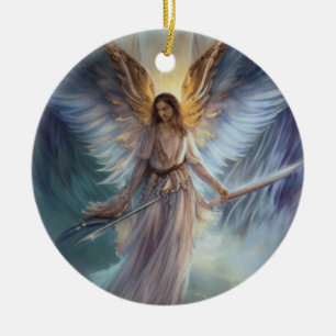 Angel Of Protection In Light Blue Watercolor  Ceramic Tree Decoration