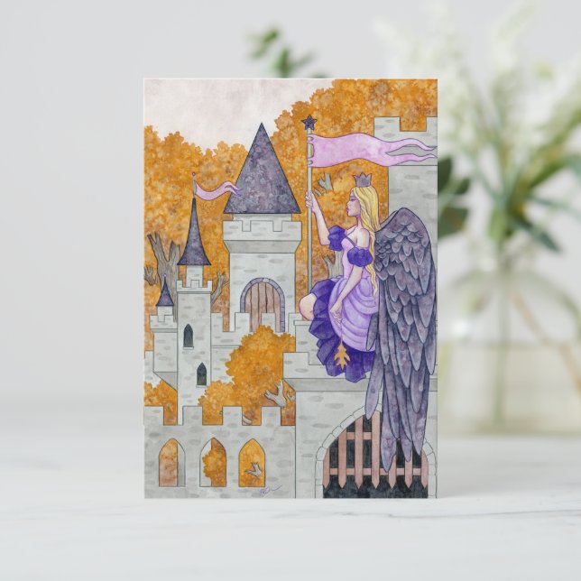 Angel on Castle Fortress Fantasy Art by Holly Durr Thank You Card (Standing Front)