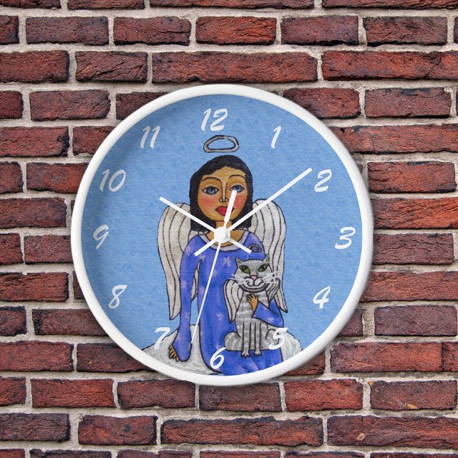 Angel on Cloud Holding White Angel Cat Silver Halo Clock (Angel sitting on cloud holding white angel cat both with silver halos on sky blue wall wood clock.)