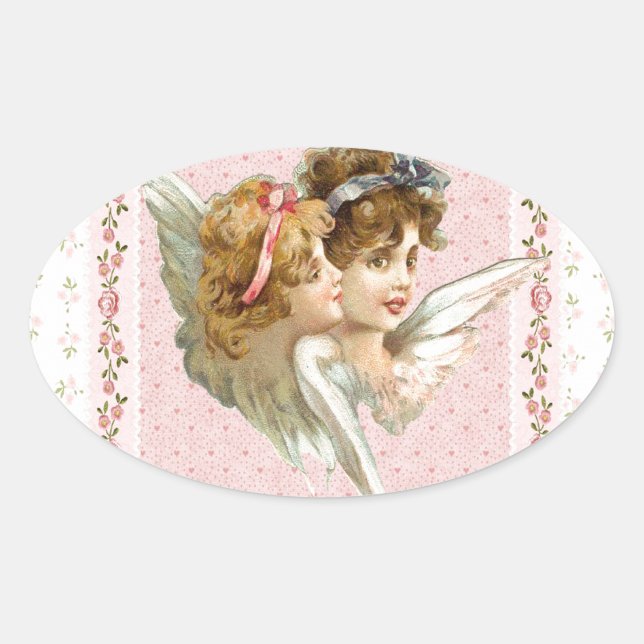 Angel on pink flowered background. oval sticker (Front)