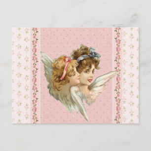 Angel on pink flowered background. postcard