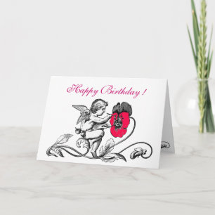 ANGEL PAINTING A PINK FLOWER BIRTHDAY CARD