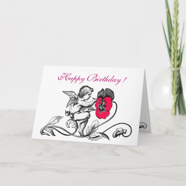 ANGEL PAINTING A PINK FLOWER BIRTHDAY CARD (Front)