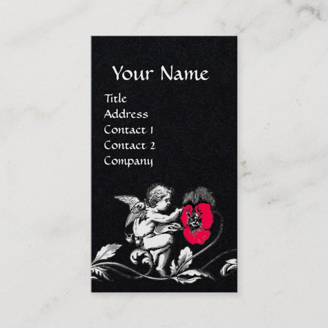 ANGEL PAINTING A PINK FLOWER,MONOGRAM Black Paper Business Card (Front)
