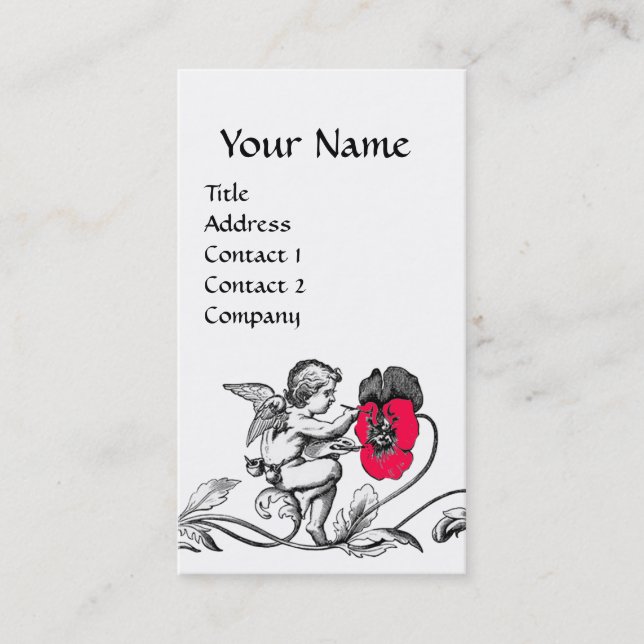 ANGEL PAINTING A PINK FLOWER MONOGRAM Black White Business Card (Front)