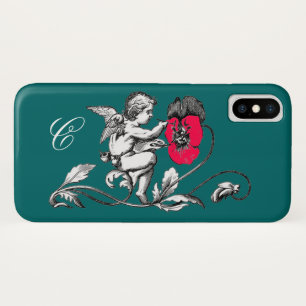 ANGEL PAINTING A PINK FLOWER,MONOGRAM ,Green iPhone X Case
