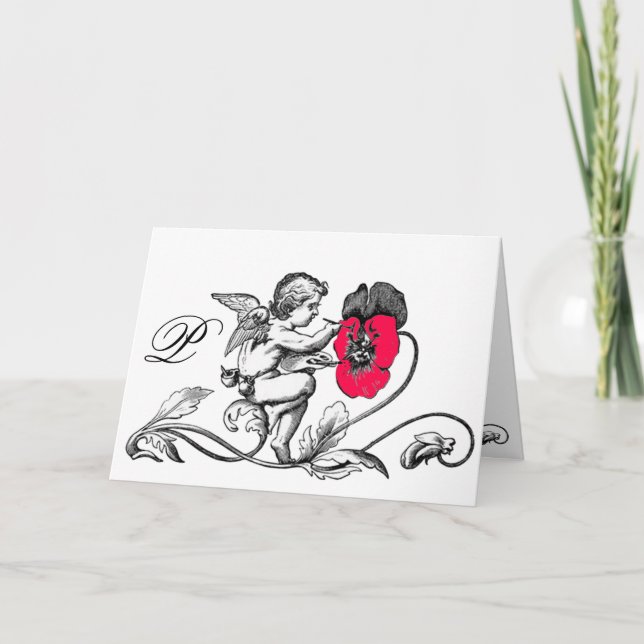 ANGEL PAINTING A PINK FLOWER  MONOGRAM NOTE CARD (Front)