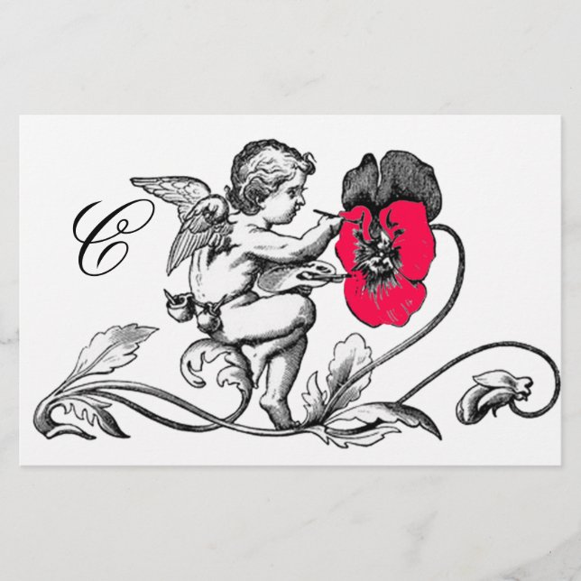 ANGEL PAINTING A PINK FLOWER MONOGRAM STATIONERY (Front)