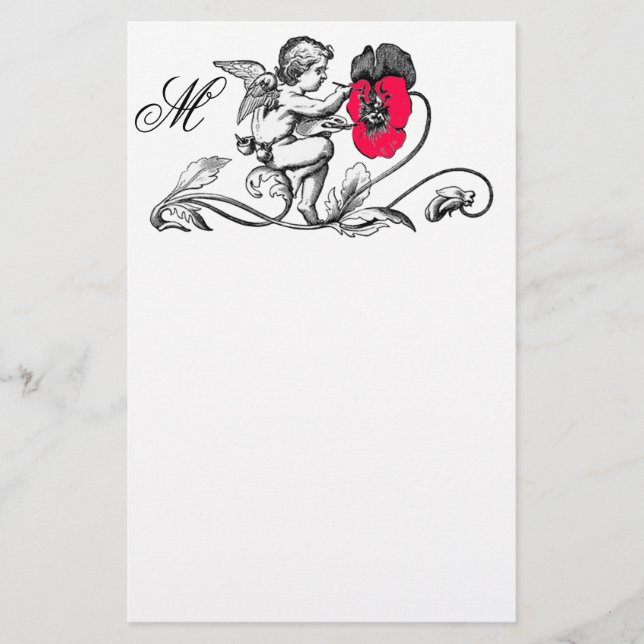 ANGEL PAINTING A PINK FLOWER MONOGRAM STATIONERY (Front)