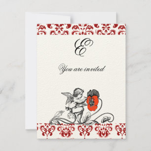 ANGEL PAINTING A RED FLOWER DAMASK MONOGRAM felt Invitation