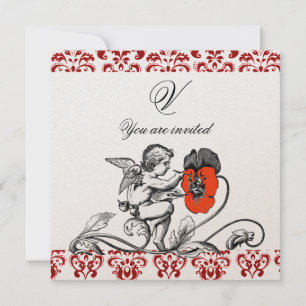 ANGEL PAINTING A RED FLOWER DAMASK MONOGRAM INVITATION