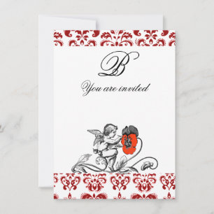 ANGEL PAINTING A RED FLOWER DAMASK MONOGRAM INVITATION