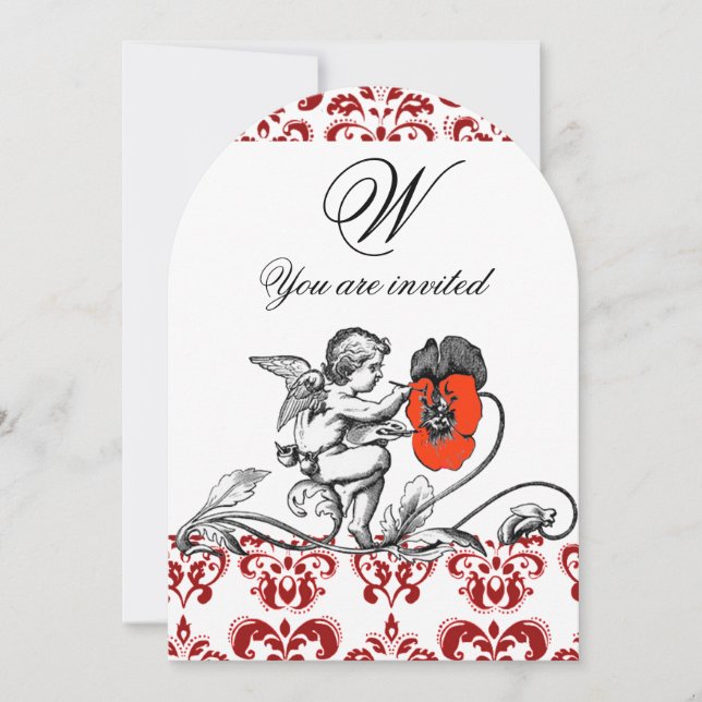 ANGEL PAINTING A RED FLOWER DAMASK MONOGRAM INVITATION (Front)