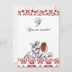 ANGEL PAINTING A RED FLOWER DAMASK MONOGRAM INVITATION