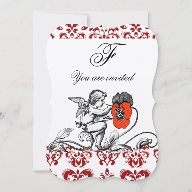 ANGEL PAINTING A RED FLOWER DAMASK MONOGRAM INVITATION (Front)