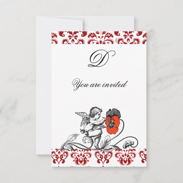 ANGEL PAINTING A RED FLOWER DAMASK MONOGRAM INVITATION (Front)