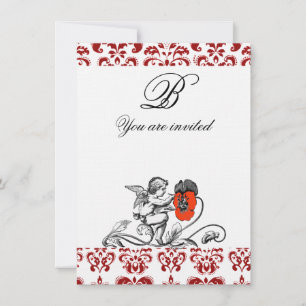 ANGEL PAINTING A RED FLOWER DAMASK MONOGRAM linen Invitation