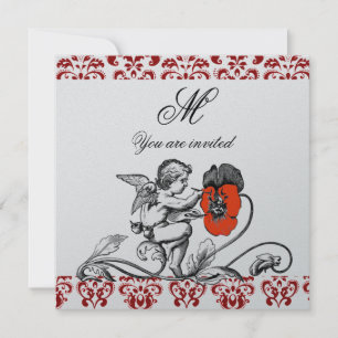 ANGEL PAINTING A RED FLOWER DAMASK MONOGRAM Silver Invitation