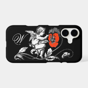 ANGEL PAINTING A RED FLOWER,MONOGRAM ,Black