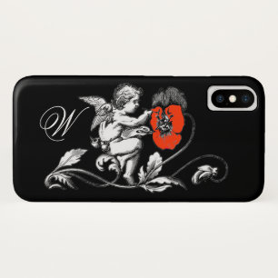 ANGEL PAINTING A RED FLOWER,MONOGRAM ,Black iPhone X Case