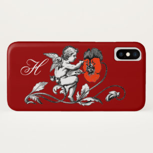 ANGEL PAINTING A RED FLOWER,MONOGRAM ,Red iPhone X Case
