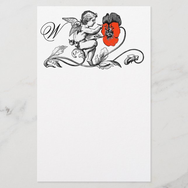 ANGEL PAINTING A RED FLOWER MONOGRAM STATIONERY (Front)